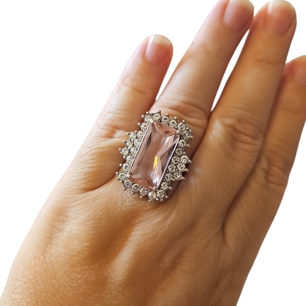 Elegant Light Pink Rectangle Crystal Cz Studded Ring For Women